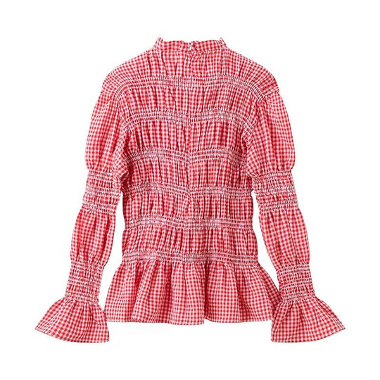 Spring Women Clothing Ruffles Pleated Design Plaid Top