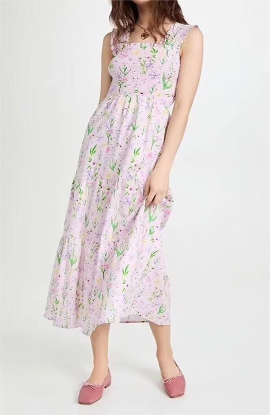 Spring Women Clothing Casual Simple Pink Purple Printing Slip Dress