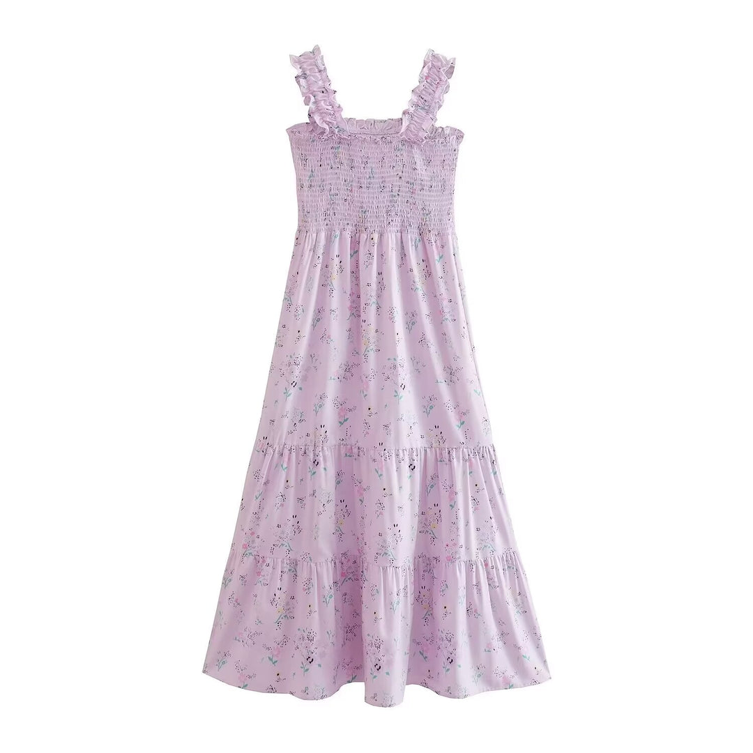 Spring Women Clothing Casual Simple Pink Purple Printing Slip Dress