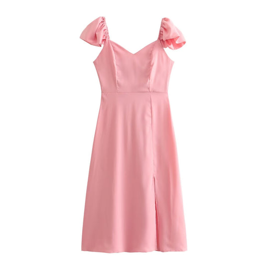 Spring Women Clothing Simple Square Collar Back Elastic Pink Dress