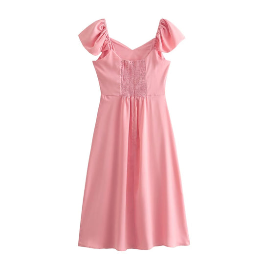 Spring Women Clothing Simple Square Collar Back Elastic Pink Dress