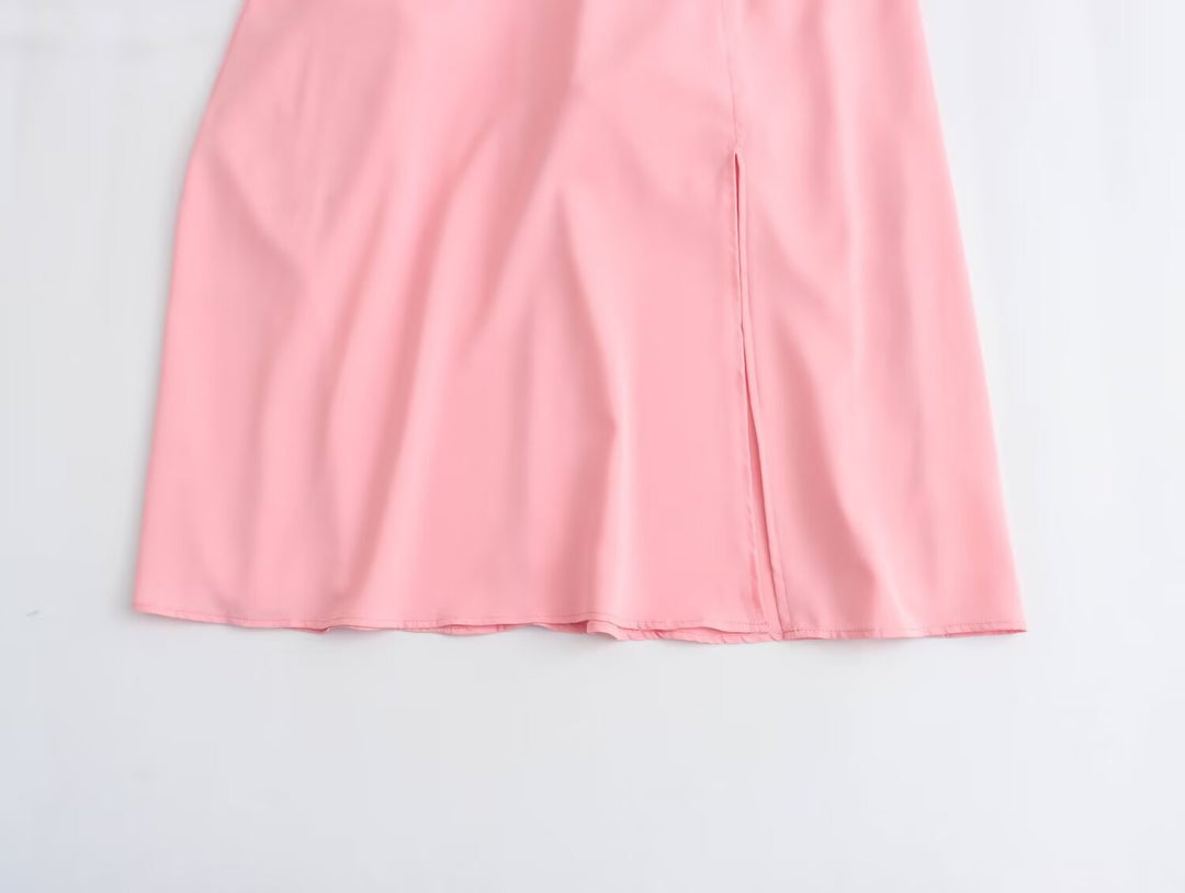 Spring Women Clothing Simple Square Collar Back Elastic Pink Dress