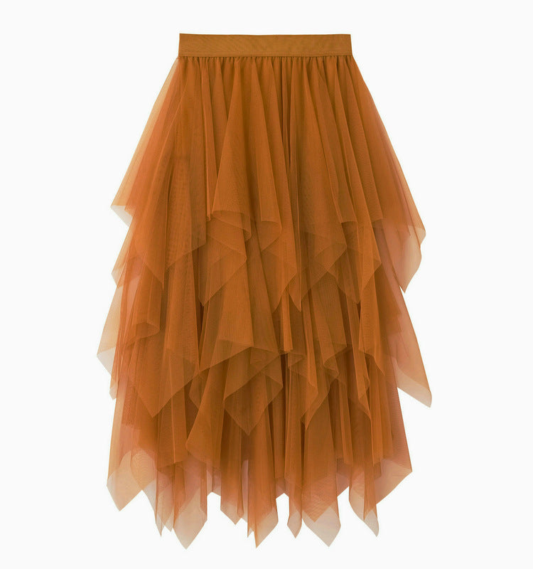 Irregular Asymmetric Mesh Skirt Women Mid Length Spring Gauze Skirt High Waist All Matching Slimming Skirt