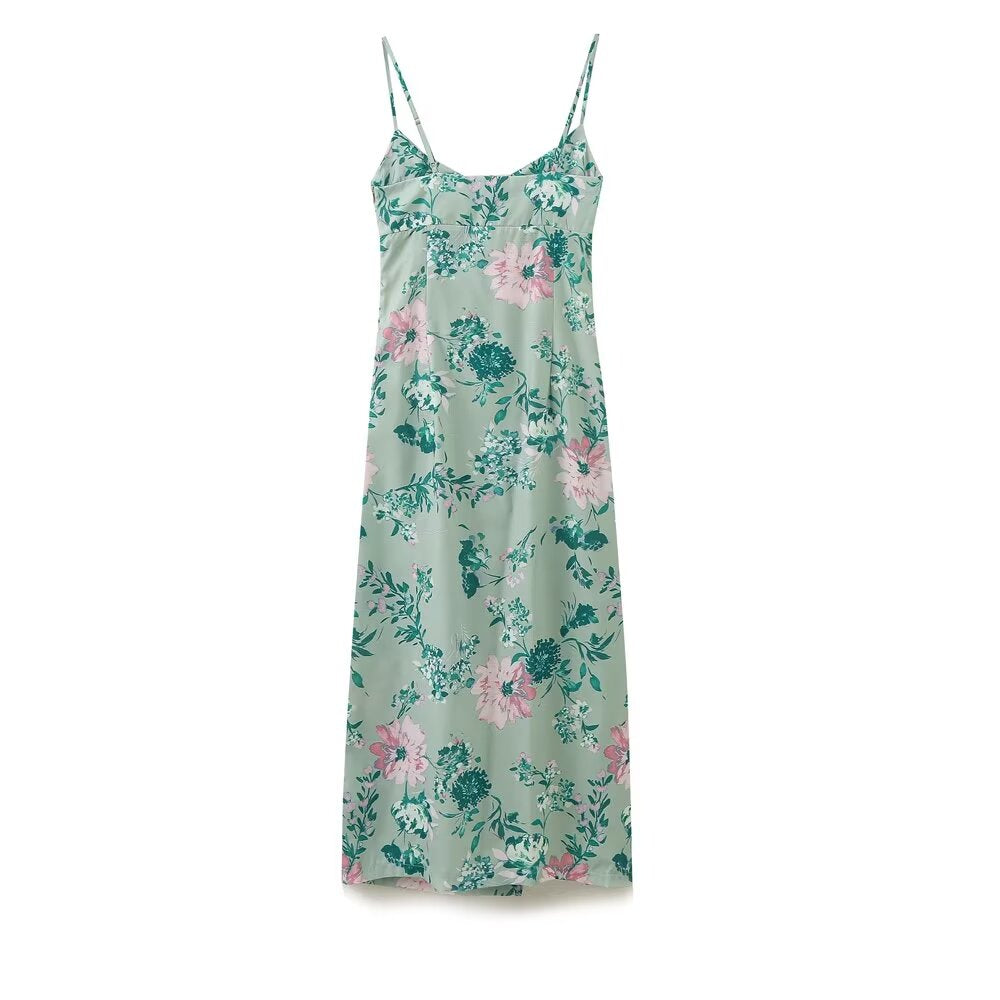 Women Linen Blended Floral Print Midi Sling Dress