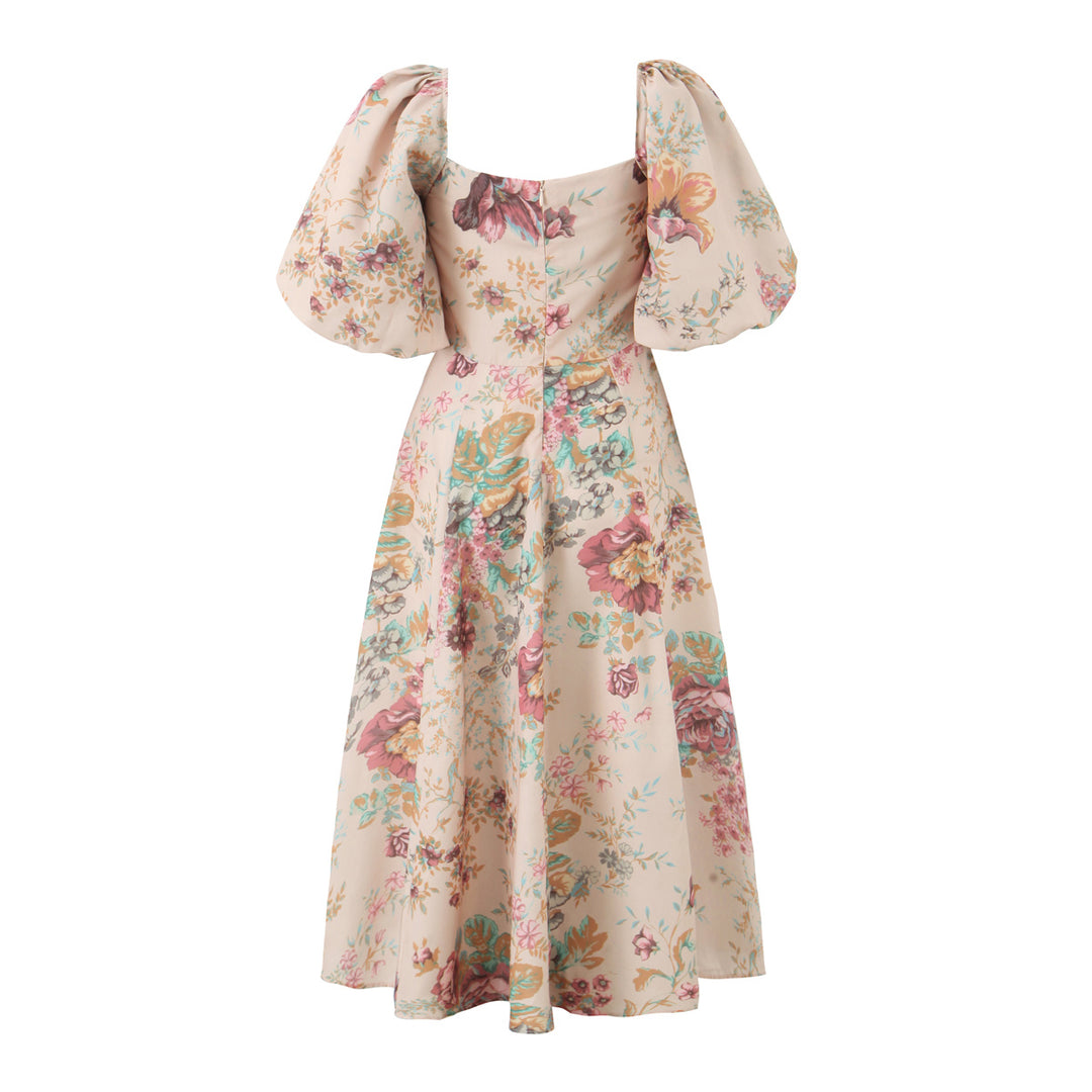 Women Clothing Summer Square Collar Lantern Sleeve Floral Printed Waist Controlled Large Swing Dress