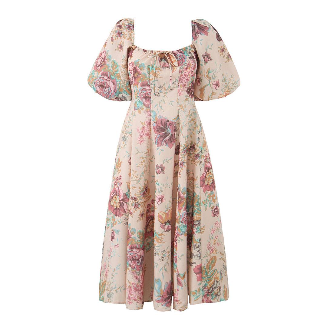 Women Clothing Summer Square Collar Lantern Sleeve Floral Printed Waist Controlled Large Swing Dress