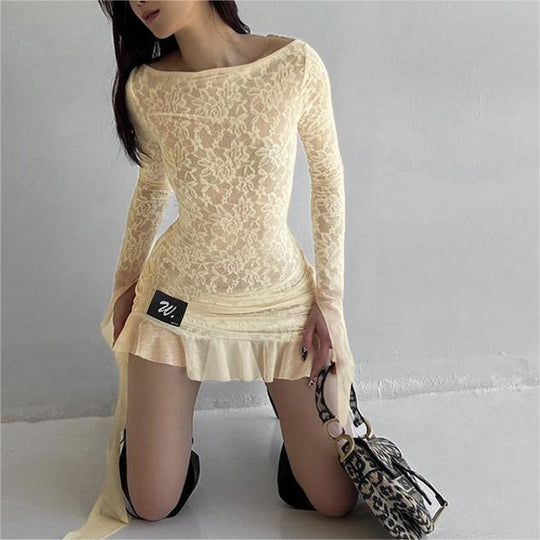 Spring Summer Women Clothing Sexy Waist Trimming Backless Lace up off Shoulder Long Sleeve Dress