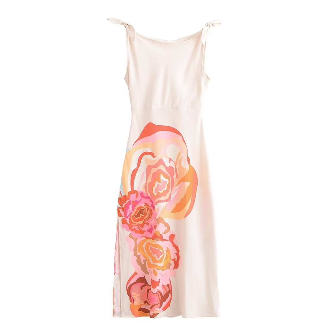 Spring Women Floral Print Pullover Cross Halterneck Bow Tie with Backless Sleeveless Dress