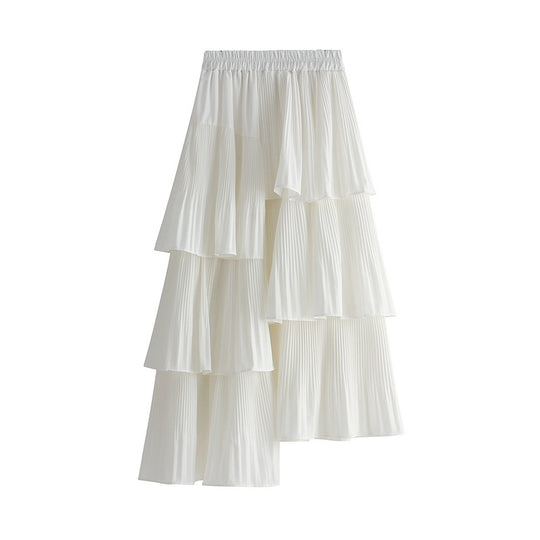 Autumn Winter Korean Asymmetric Pleated Tiered Skirt Women AllMatch Mid Length Ruffled Irregular Asymmetric Skirt
