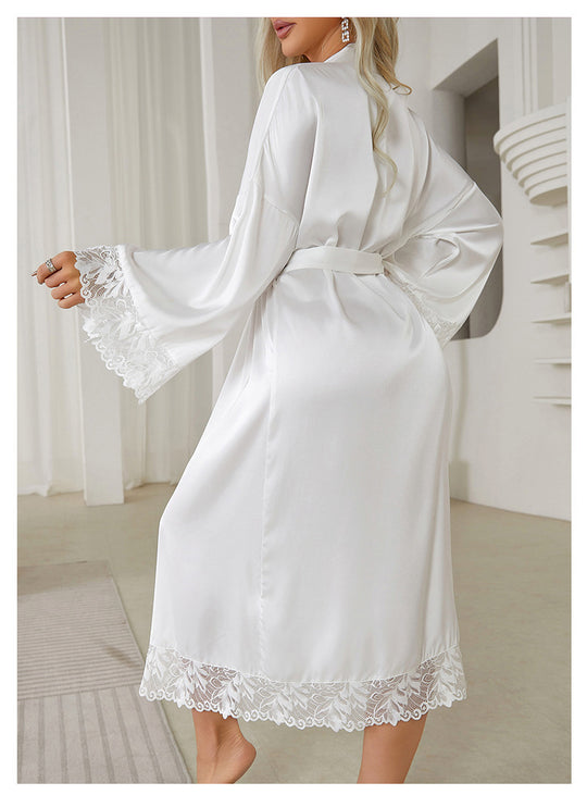 Women Satin Bathrobe Long Belt Lace Affordable Luxury Sexy Nightgown Homewear