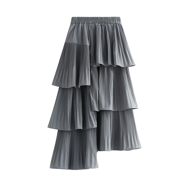 Autumn Winter Korean Asymmetric Pleated Tiered Skirt Women AllMatch Mid Length Ruffled Irregular Asymmetric Skirt