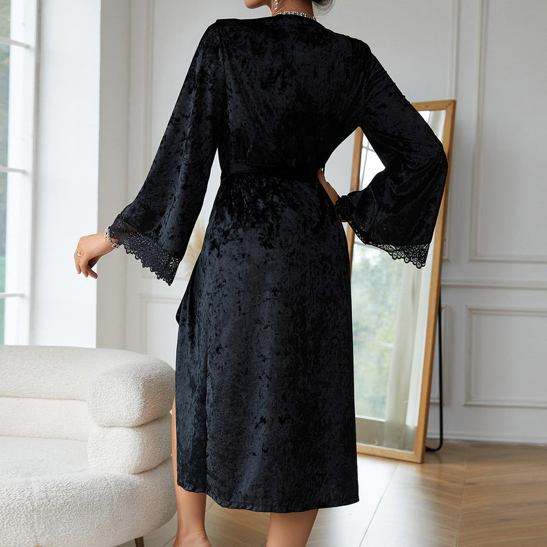 Lengthened Bathrobe Sexy Lace Light Luxury Long Sleeve Velvet Nightgown Bathrobe Home Wear