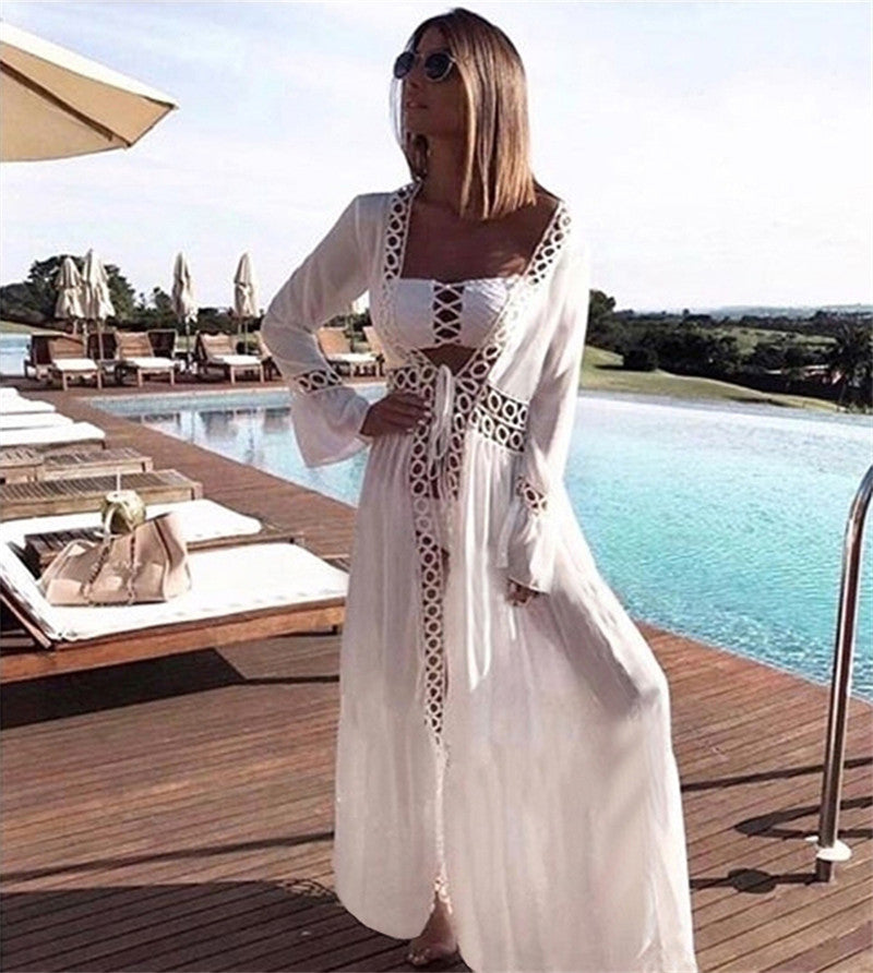 Rayon round Hole Lace Beach Cover up Sexy Cardigan Vacation Sun Protection Shirt Beach Cover Up