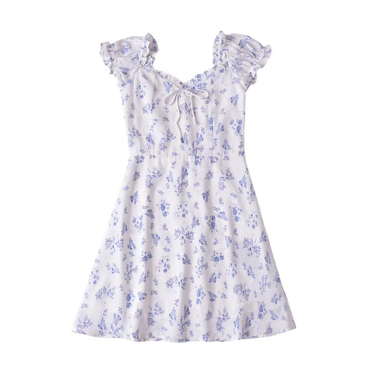 Summer Women Floral Printed Square Collar Lace up Bow Flying Sleeve A line Dress