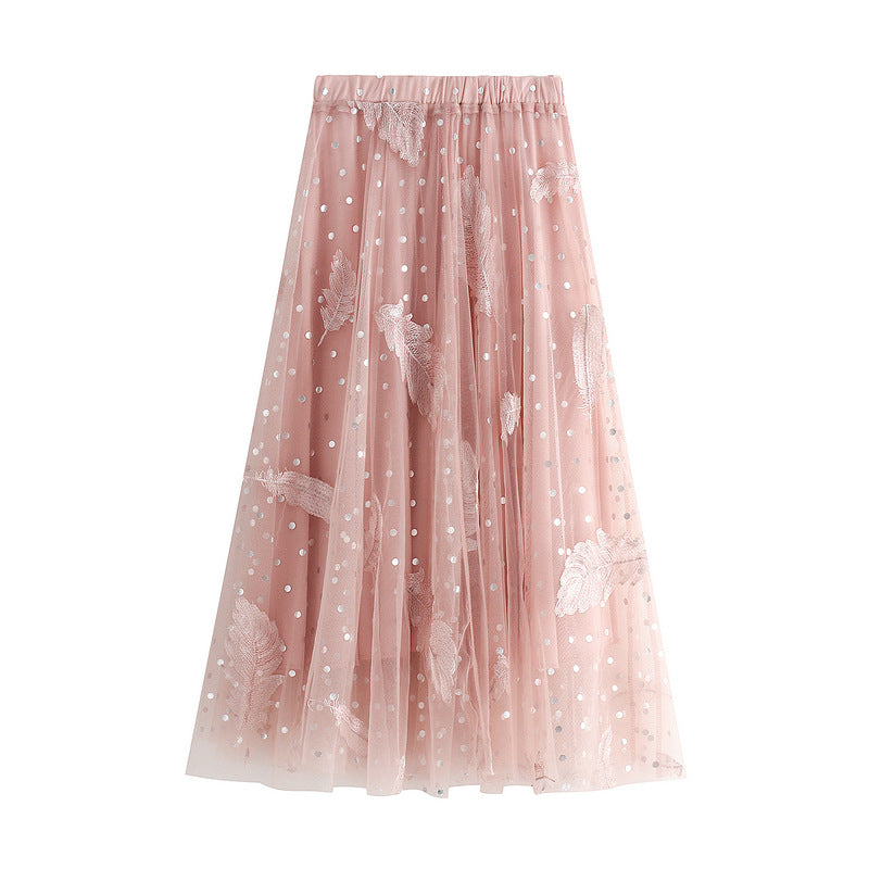 Feather Embroidery Mesh Skirt Women Spring Sweet Fairy Dress High Waist Bubble Skirt