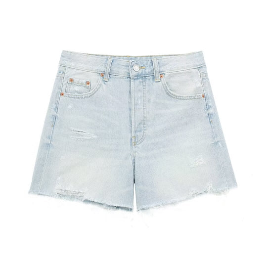 Women Clothing Summer Two Color Comfortable High Waist Slimming Hand Frayed Denim Shorts Pants