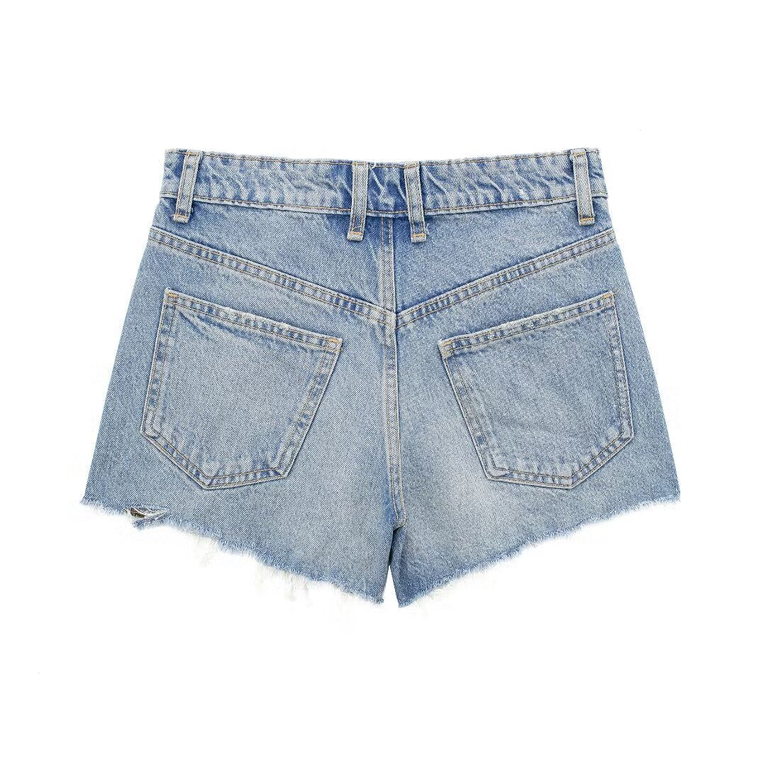 Women Clothing French Perforated Hole Decoration High Waist Casual Denim Shorts