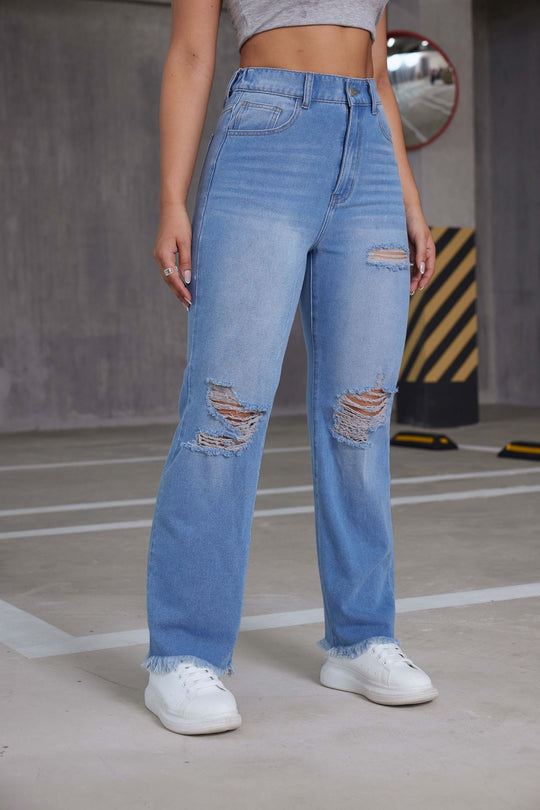 Women Jeans Long High Waist Ripped Burr Comfortable Straight Leg Pants