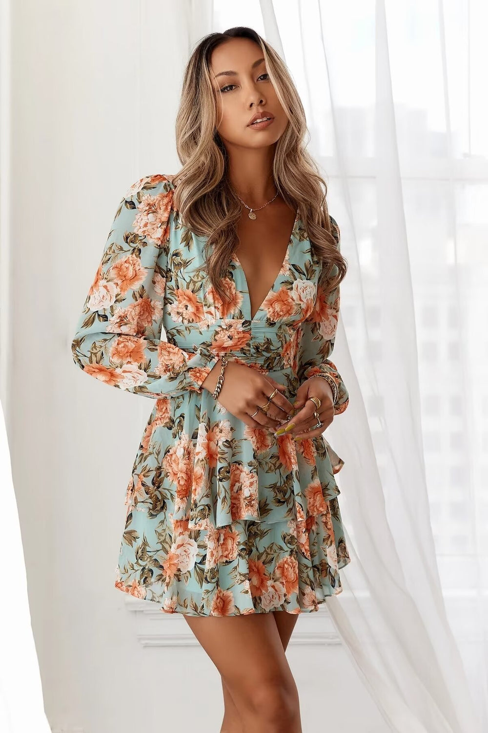 Summer Women Printed Bow Decoration V Neck Long Sleeve Loose Dress