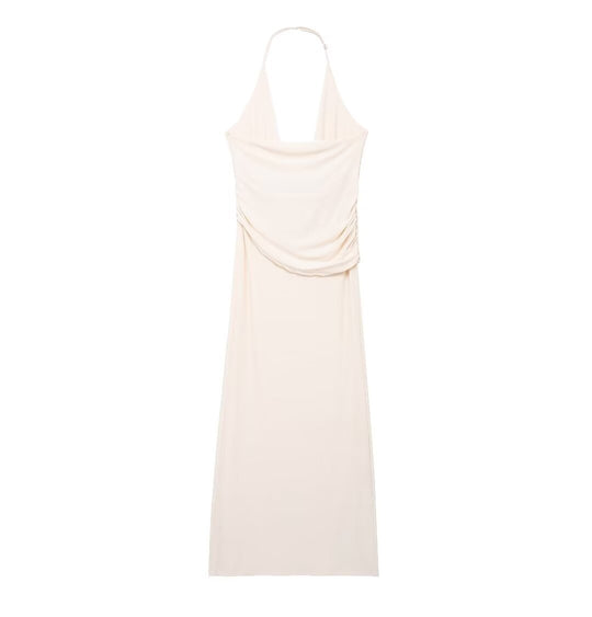 Women Clothing French Sexy Pleated Hanging Collar Sleeveless Maxi Dress