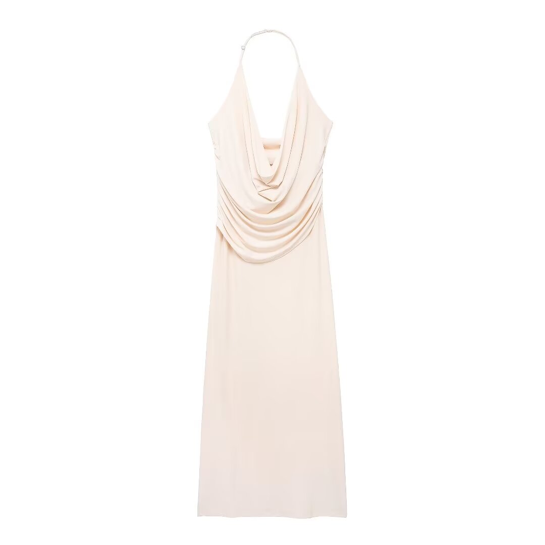 Women Clothing French Sexy Pleated Hanging Collar Sleeveless Maxi Dress