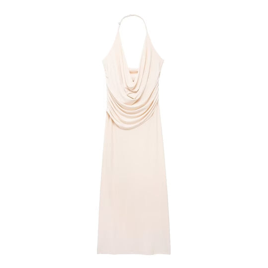 Women Clothing French Sexy Pleated Hanging Collar Sleeveless Maxi Dress