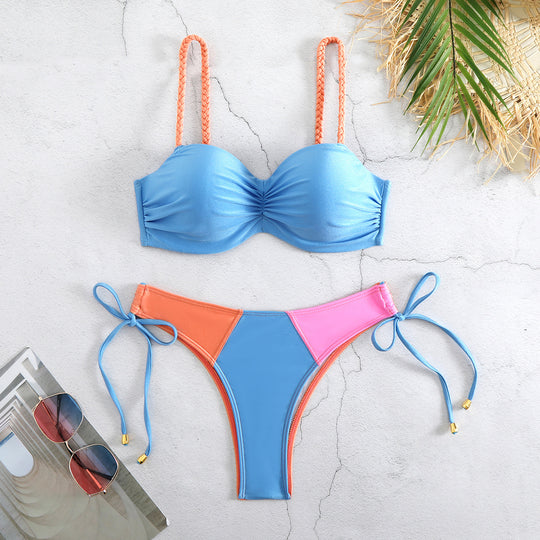 Solid Color Stitching Split Swimsuit Women Strap Hard Bag Bikini