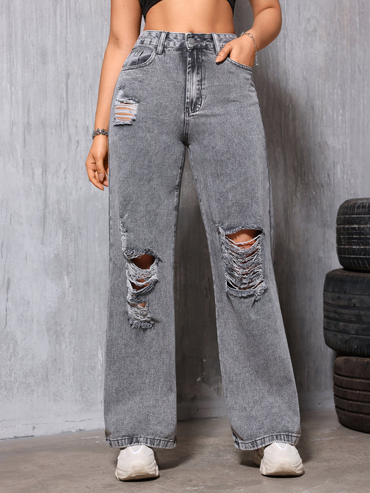 Women Straight Leg Pants Denim with Hole Washed Worn Street Slimming Casual Years Spring Summer