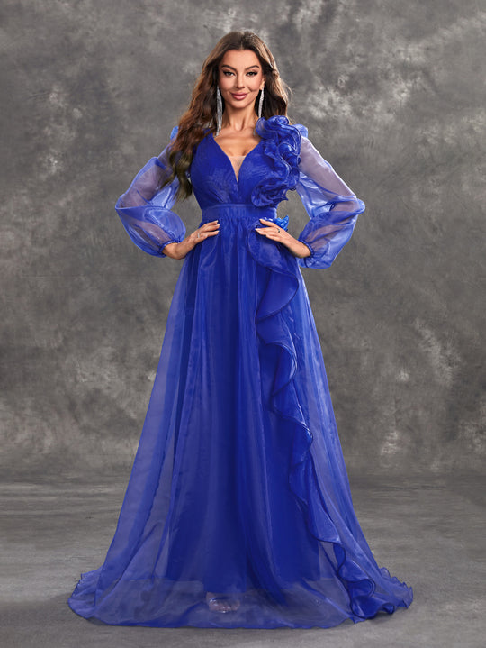 Women Prom Evening Dress V Neck Long Sleeve Three Dimensional Flounce Decorative Elegant Dress