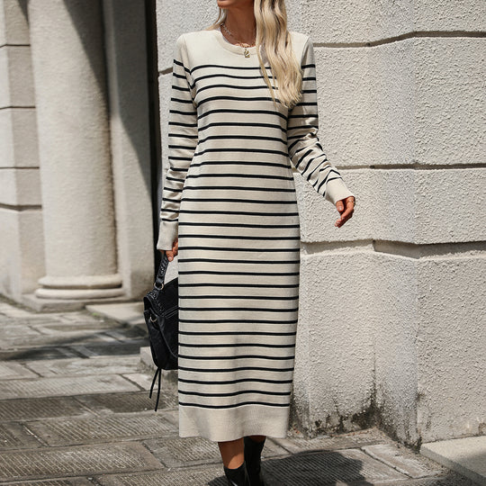 Winter Slim Fit Inter Color Women Knitwear Striped Dress Autumn Winter Dress