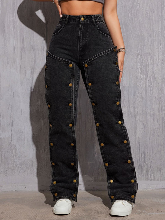 Denim Non Stretch Hip Hop Detachable Multi Button Stitching Straight Cargo Pants