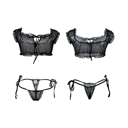 Summer Sexy Underwear Tube Top Panties Set Off Shoulder Strap Pajamas Women Dot Mesh