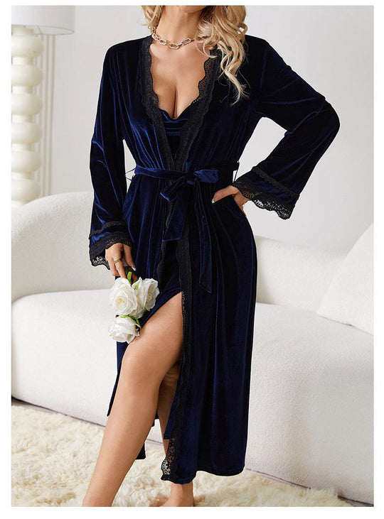 Sexy Slit Sexy Backless Velvet Sweet Nightdress Simple Outerwear Gown Loungewear Suit