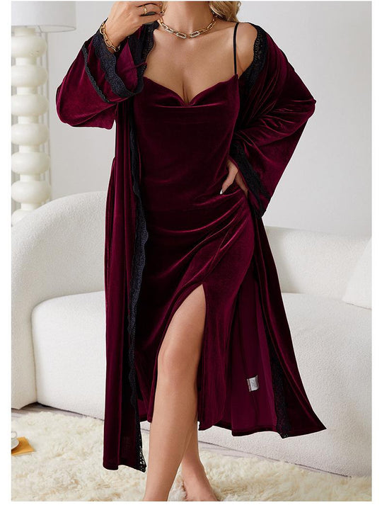 Sexy Slit Sexy Backless Velvet Sweet Nightdress Simple Outerwear Gown Loungewear Suit