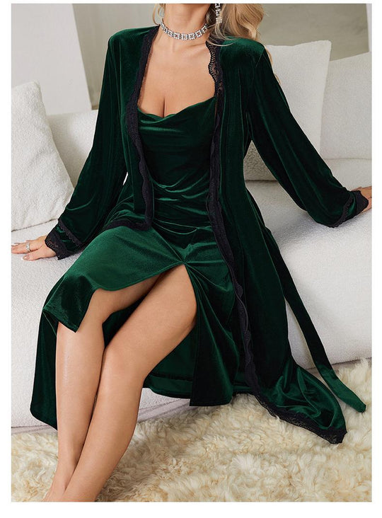 Sexy Slit Sexy Backless Velvet Sweet Nightdress Simple Outerwear Gown Loungewear Suit