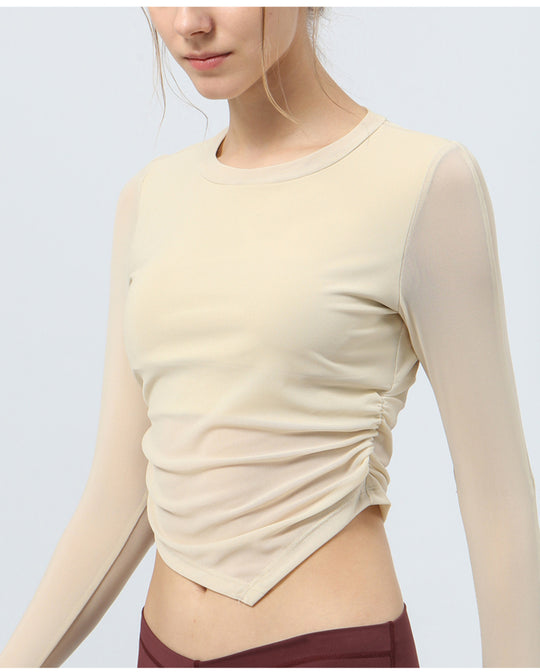 Winter Mesh Stitching Yoga Clothing Top Women Self Lined Chest Pad Irregular Asymmetric Pleated Long Sleeve Workout Clothes