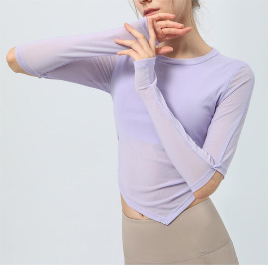 Winter Mesh Stitching Yoga Clothing Top Women Self Lined Chest Pad Irregular Asymmetric Pleated Long Sleeve Workout Clothes