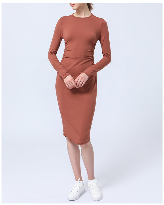 Autumn Winter Yoga Long Sleeve Dress Waist Slimming Sports Casual Back Slit Half Length Dress Women