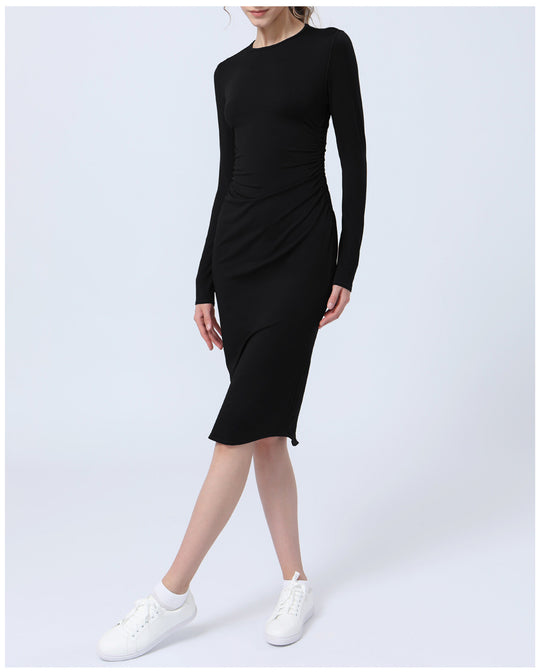 Autumn Winter Yoga Long Sleeve Dress Waist Slimming Sports Casual Back Slit Half Length Dress Women