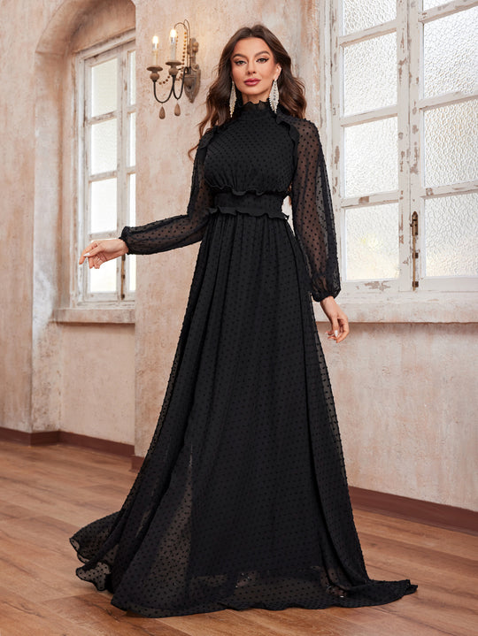 Women Chiffon Long With Wooden Ear High Collar Polka Dot Waist Long Sleeve Elegant Floor Dress