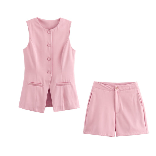 Women Spring Clothing Casual Set Elegant Single Breasted Vest Shorts Set