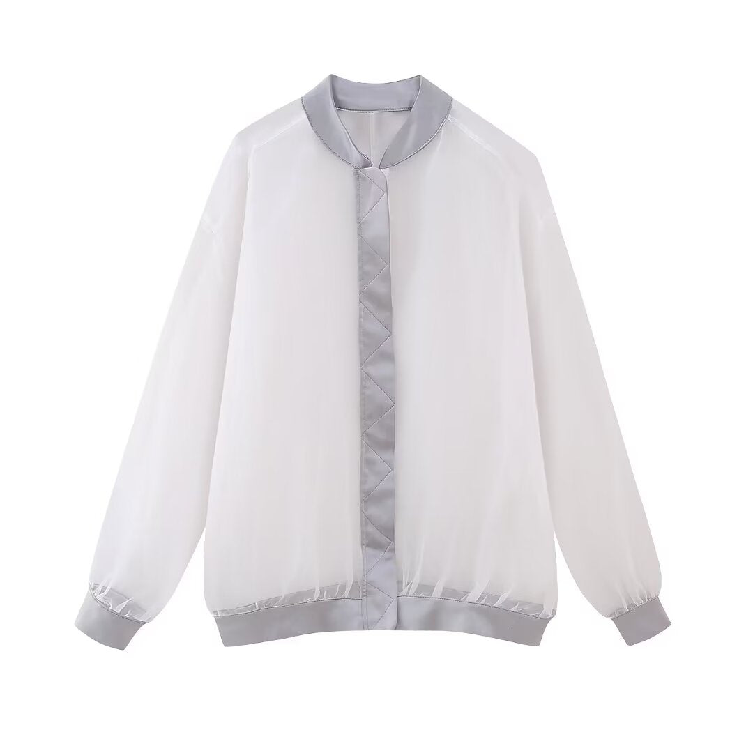 Women Clothing Stand Collar Loose Transparent Organza Bomber Jacket Coat