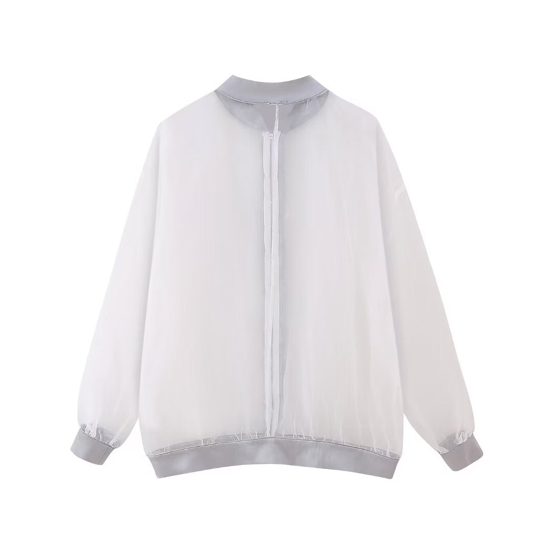 Women Clothing Stand Collar Loose Transparent Organza Bomber Jacket Coat