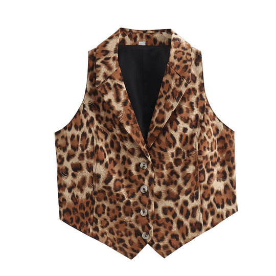 Women Clothing Polo Collar Button Leopard Print Short Loose Casual Vest