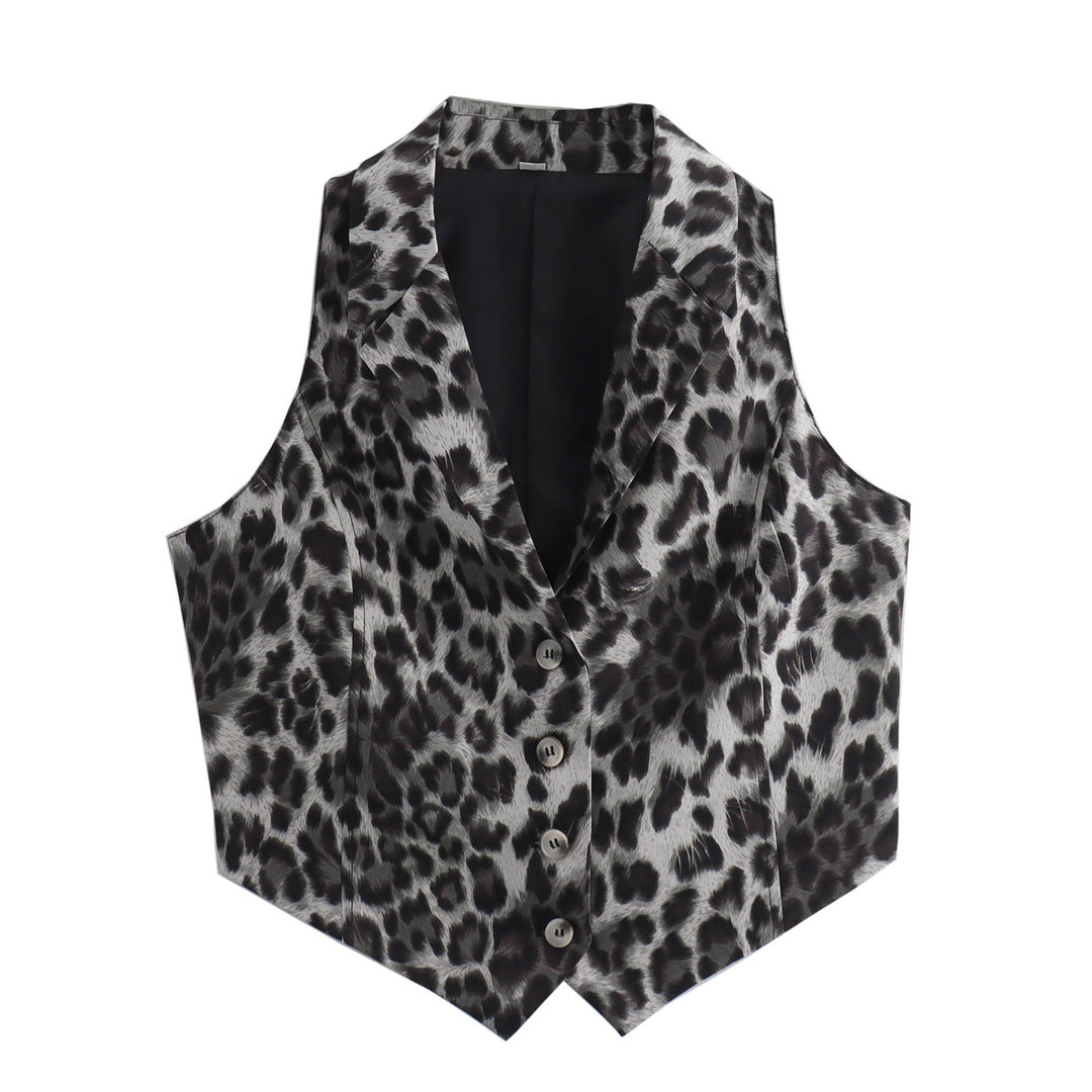 Women Clothing Polo Collar Button Leopard Print Short Loose Casual Vest