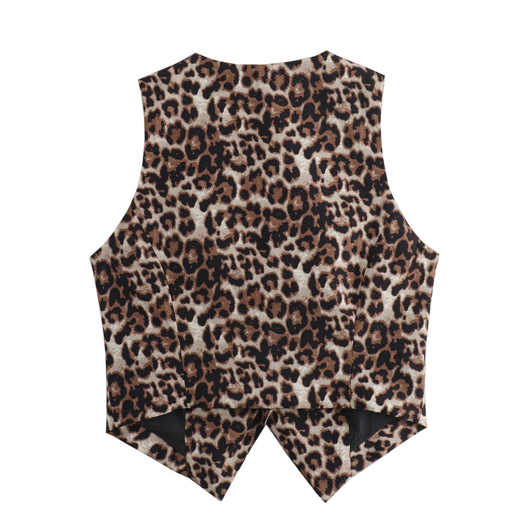 Women Clothing Polo Collar Button Leopard Print Short Loose Casual Vest