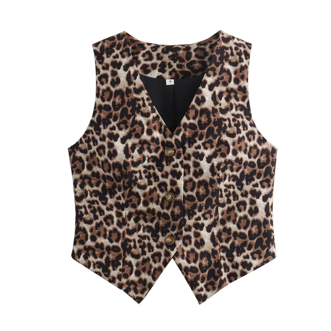 Women Clothing Polo Collar Button Leopard Print Short Loose Casual Vest