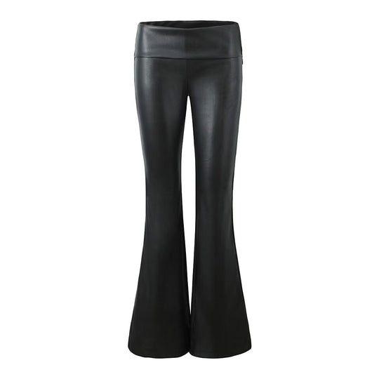 Girl Black Faux Leather Pants Women Sexy Low Waist Bootleg Pants Retro Slim Slimming Casual Pants Trousers