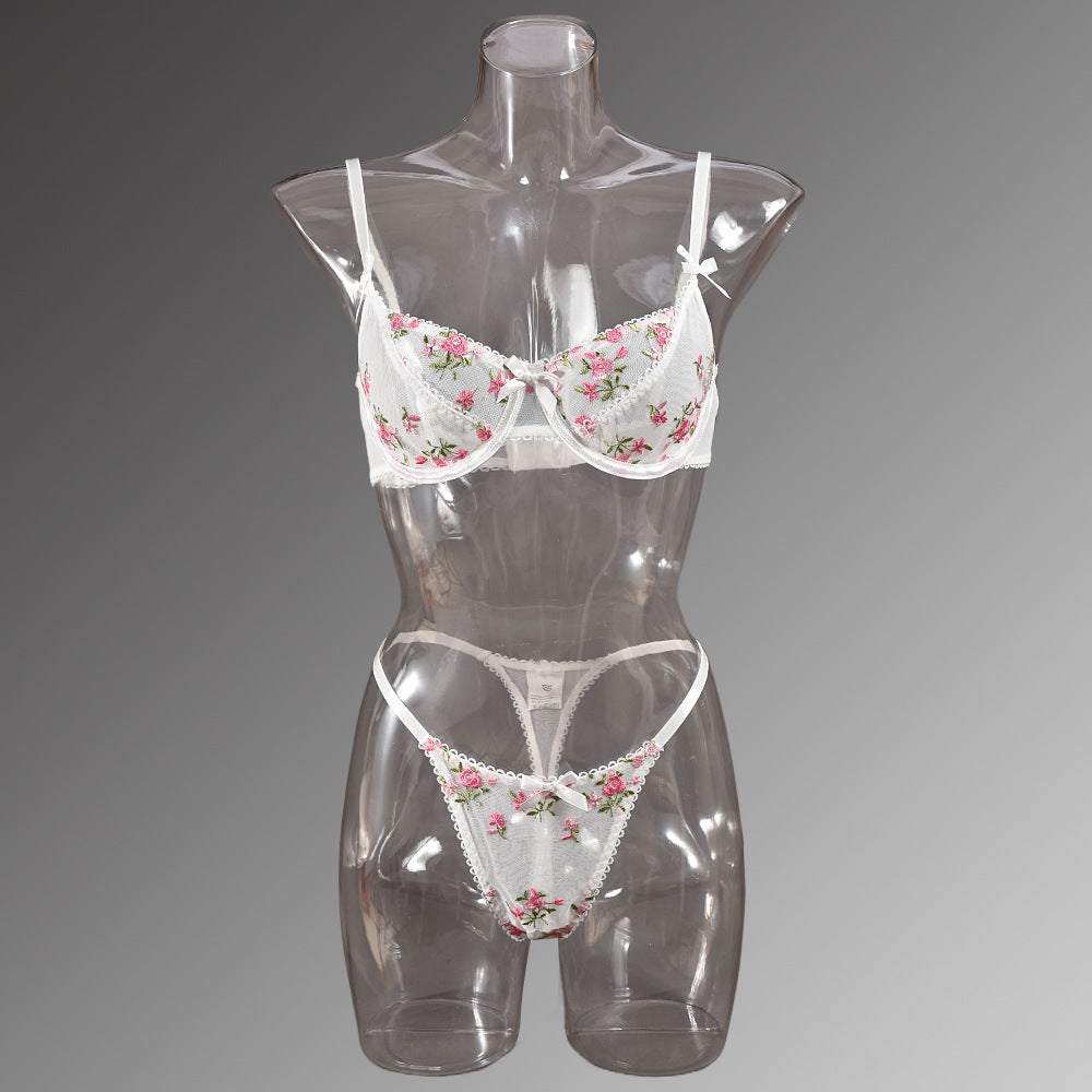 Sexy Lingerie Floral Embroidered Chest Bow Sheer Mesh Sexy Two Piece Set