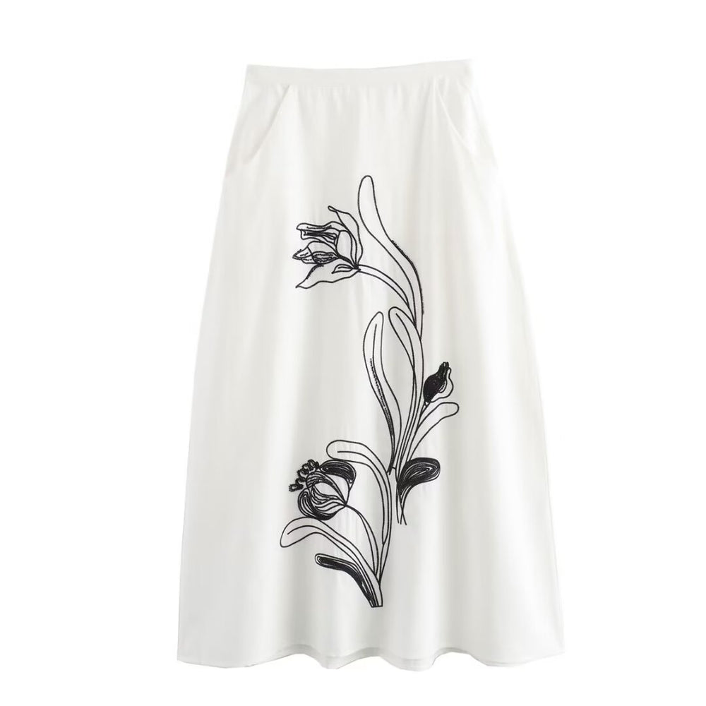Women Summer Simple Linen Blended Contrast Color Embroidered Skirt
